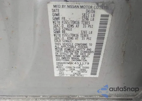 2006 Nissan Frontier Se из США, поврежденный, VIN 1N6AD07W66C451179